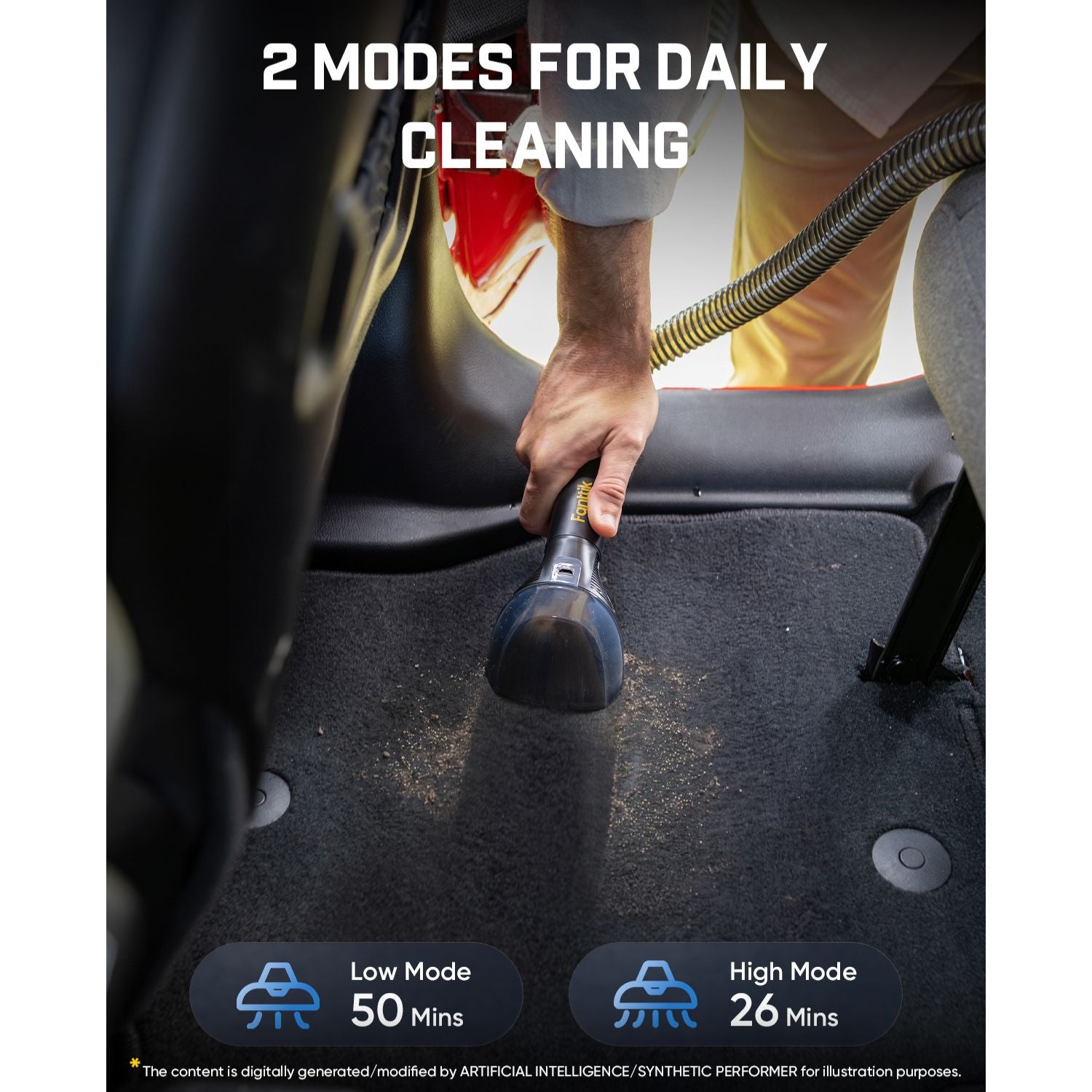 A car interior cleaning scene showing a handheld vacuum wand being used on a dark carpet, with overlaid text reading '2 MODES FOR DAILY CLEANING' and mode-duration callouts at the bottom.