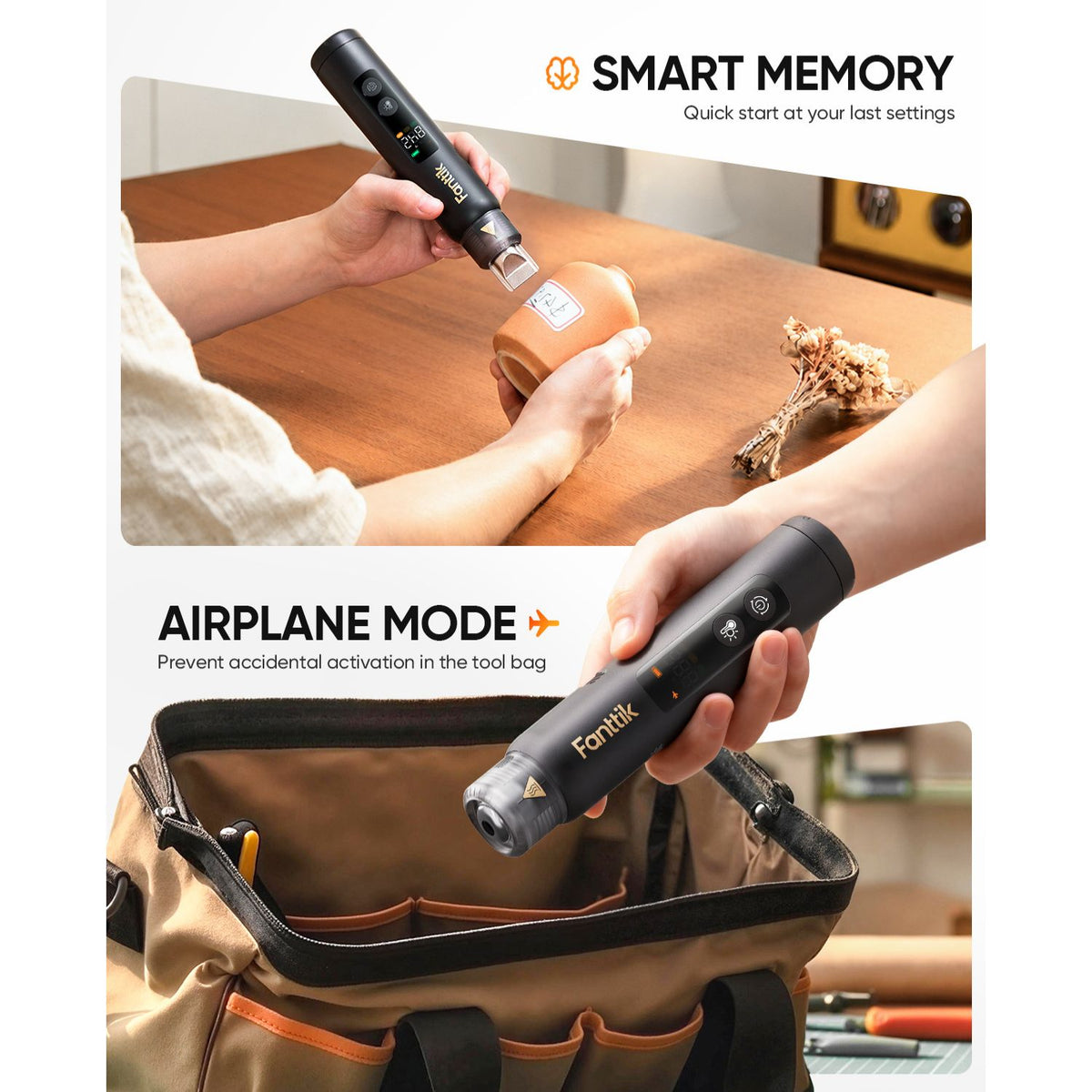 A promotional composite for a black Heat Gun showing two use cases: a top panel with hands using the tool on a wooden surface under the heading 'SMART MEMORY', and a bottom panel showing the tool inserted into a tan tool bag under the heading 'AIRPLANE MODE'. The brand name 'Fontil' is visible on the tool.