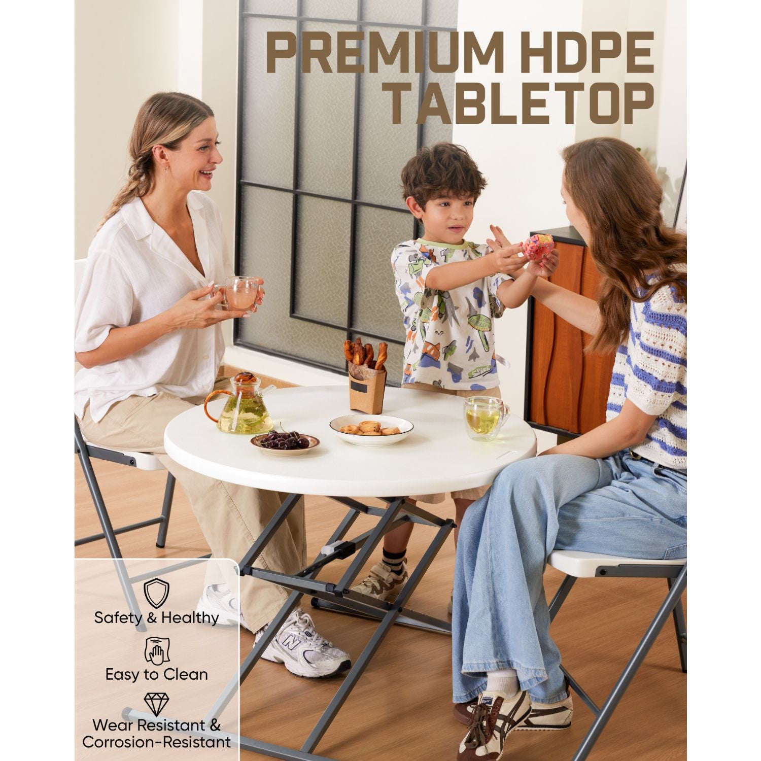 FanttikOutdoor 32" Round Folding Table 4 Heights Adjustable, One-Hand Quick Lift, Instalift, Plastic Portable Indoor Outdoor Table for Parties Commercial Events, 1 Pack, Granite White Zeta O3 Pro