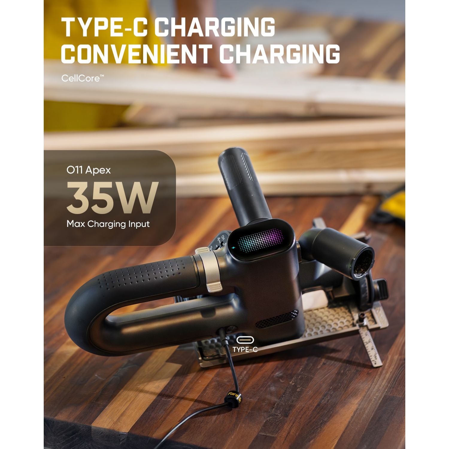 A black Fanttik Cordless Circular Saw shown on a wooden workbench with promotional text reading 'TYPE-C CHARGING CONVENIENT CHARGING'.