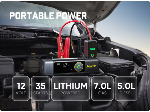 A portable jump starter battery device displayed on a car engine bay, with red clamps connected and large text reading 'PORTABLE POWER' and feature callouts including 12 volt, 35 starts, lithium powered, 7.0L gas, and 5.0L diesel
