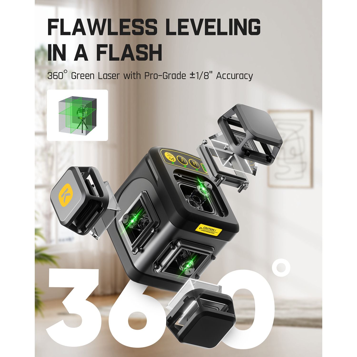 Fanttik D12 Ace Laser Level 360 Self Leveling, 3x360° Rechargeable 3D Green Cross Laser, Outdoor Pulse Mode, IP54 Durable, Easy to Use for Construction and Picture Hanging