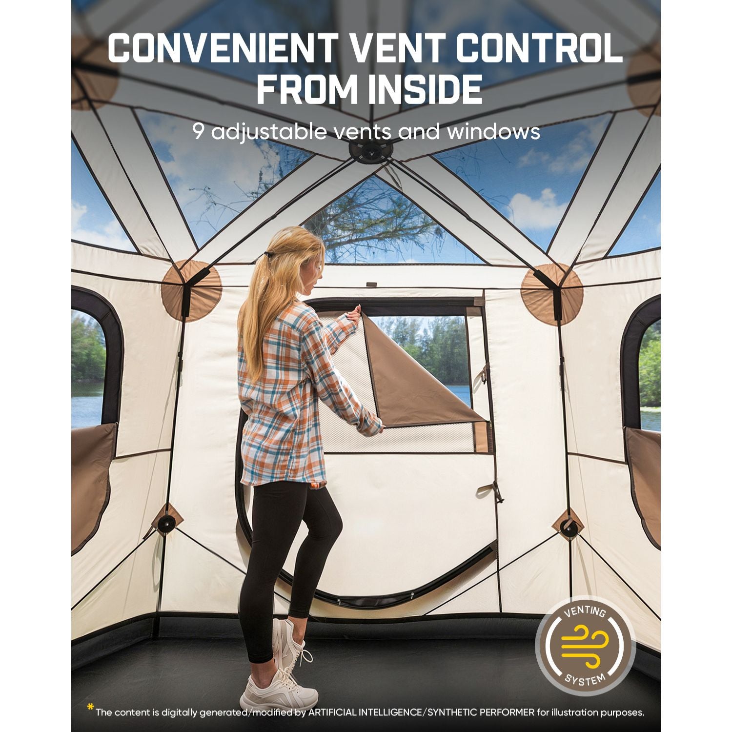 A woman stands inside a large tent with panoramic windows, demonstrating adjustable vent control. The image features promotional text at the top reading 'CONVENIENT VENT CONTROL FROM INSIDE' and a badge at the bottom right for the 'Venting System'.