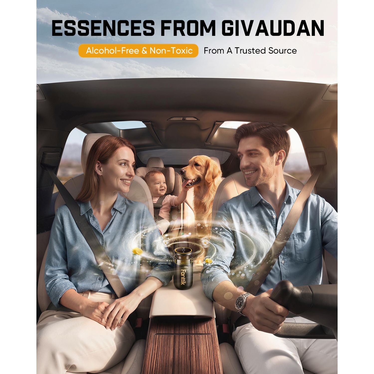 Family in a car with a dog, featuring Givaudan's essences advertisement.