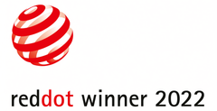 Reddot winner 2025 logo featuring a red and white striped 3D sphere icon above the text 'reddot winner 2022' on a plain white background.