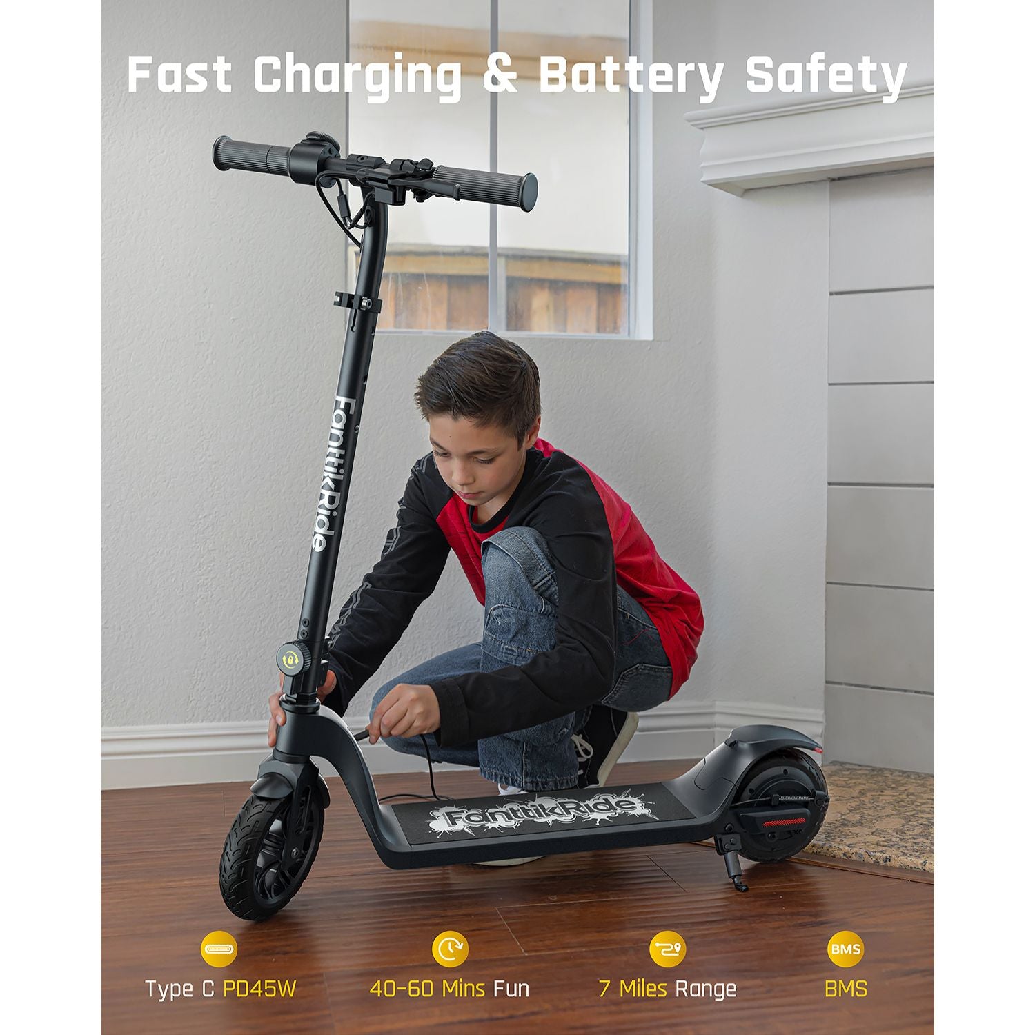 FanttikRide T10 Electric Scooter for Kids,LED Battery Level,7/10/12 MPH, Height Adjustable and 45W Fast Charging, Foldable Electric Scooter for Kids 4.3-5.6 ft, Foldable E-Scooter