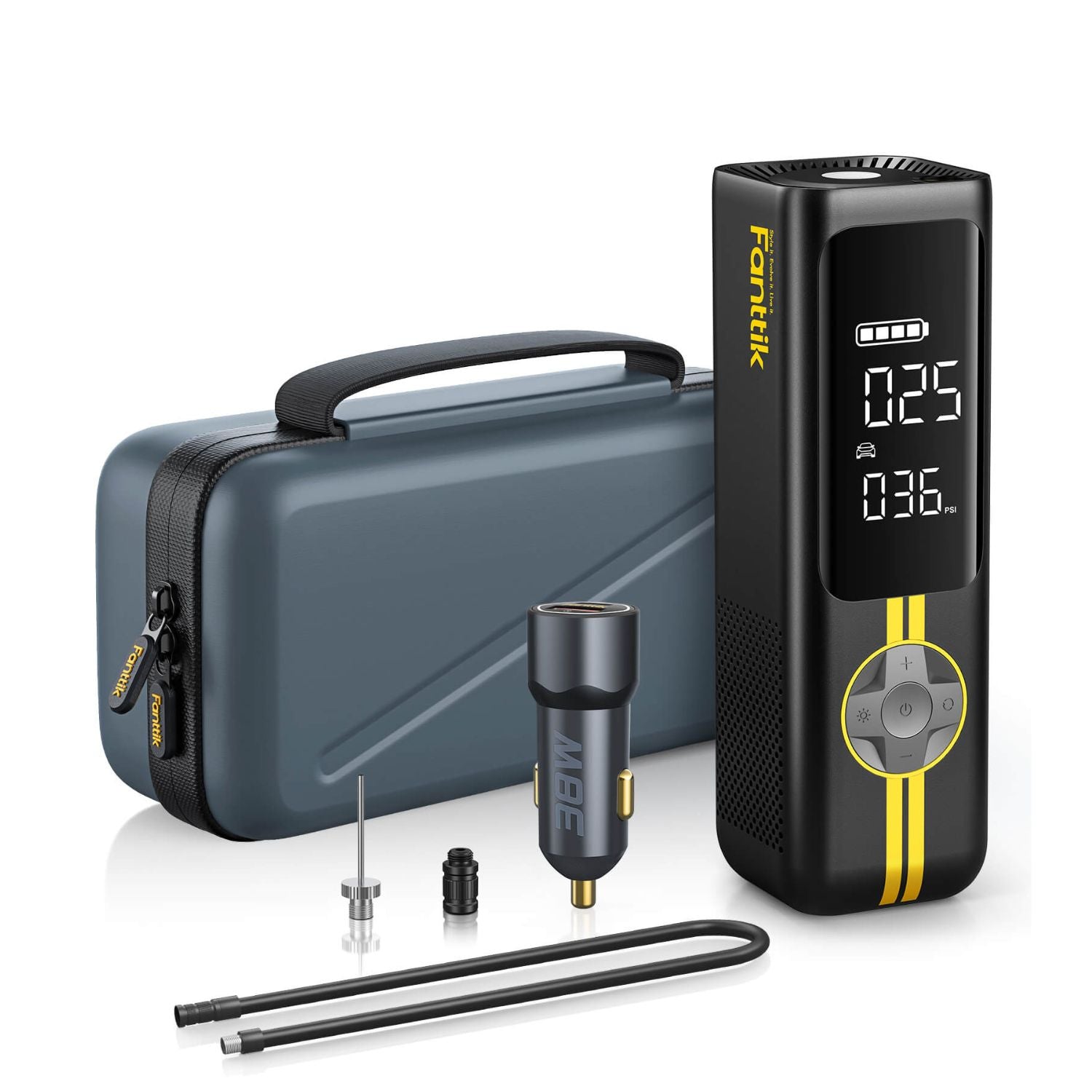 A Fanttik portable X8 APEX car air pump kit shown on a clean white background, including a black digital pump with yellow accents, a gray carrying case, a car charger adapter, and two black air tubes.