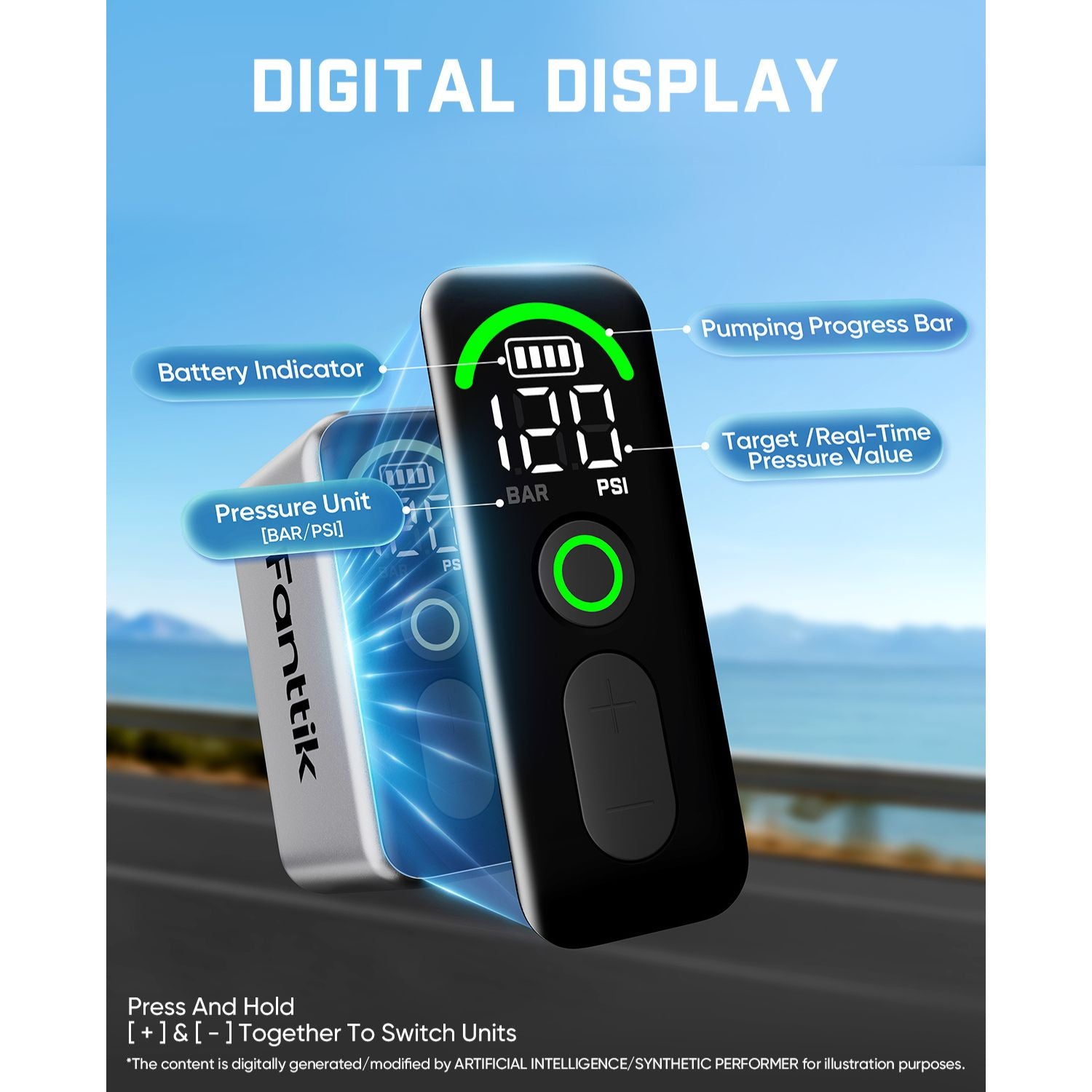 A digital tire pressure gauge shown on a road background with callout labels pointing to the display features, including battery indicator, pumping progress bar, pressure unit, and target real-time pressure value. The product is black with a green display accent.