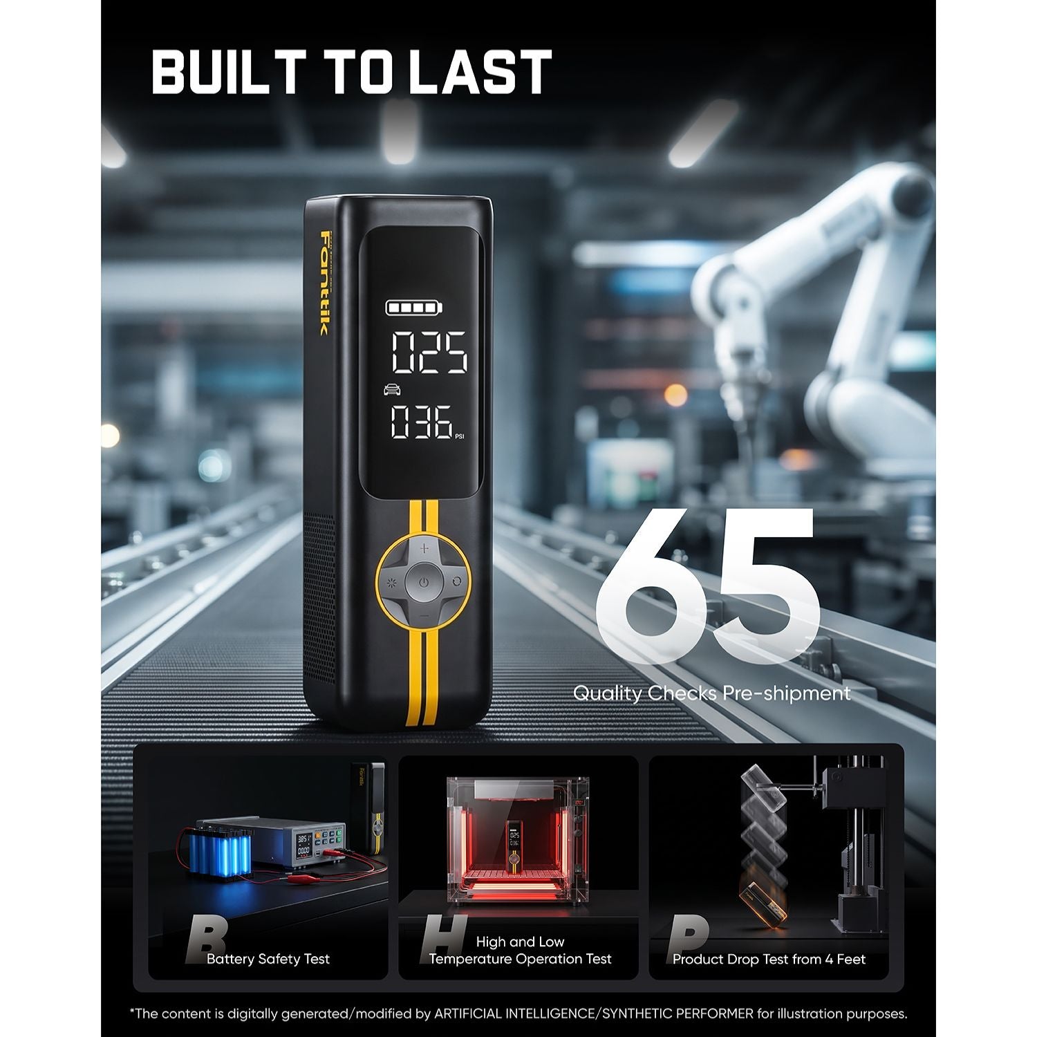 A black handheld industrial quality gauge with a fabttik X8 APEX tire inflator, shown prominently in front of a blurred factory/robotic-arm background. Large text reads 'BUILT TO LAST' and '65 Quality Checks Pre-shipment.