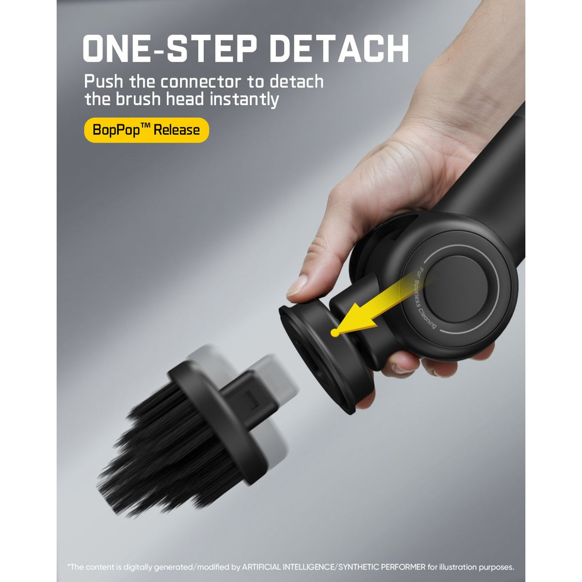 A hand Electric Spin Scrubber a one-step brush head detachment feature of a black cordless cleaning tool, with the brush head snapping off. The image includes promotional text and a yellow 'BopPop Release' badge on a gray gradient background.