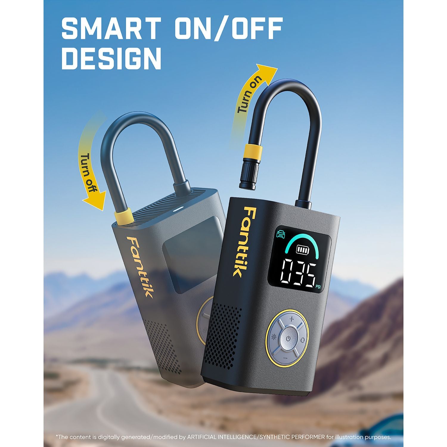 Fanttik X10 Pro Tire Inflator with digital display on a scenic background
