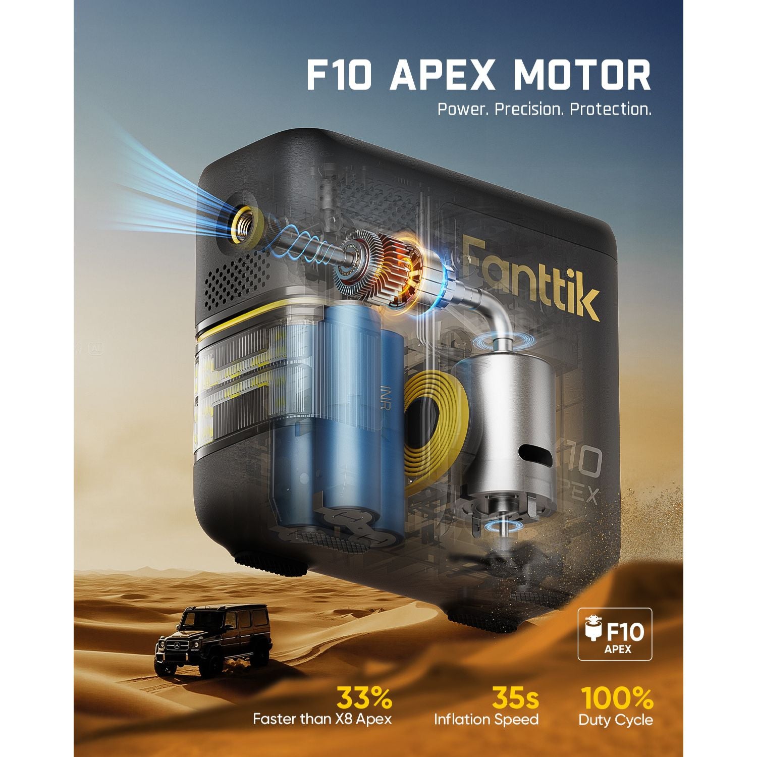 Promotional graphic for the Fanttik F10 Apex Motor, showing a transparent cutaway view of the motor with internal components like coils and magnets, set against a desert landscape with a small off-road vehicle. Text highlights features such as 'F10 APEX MOTOR', 'Power.
