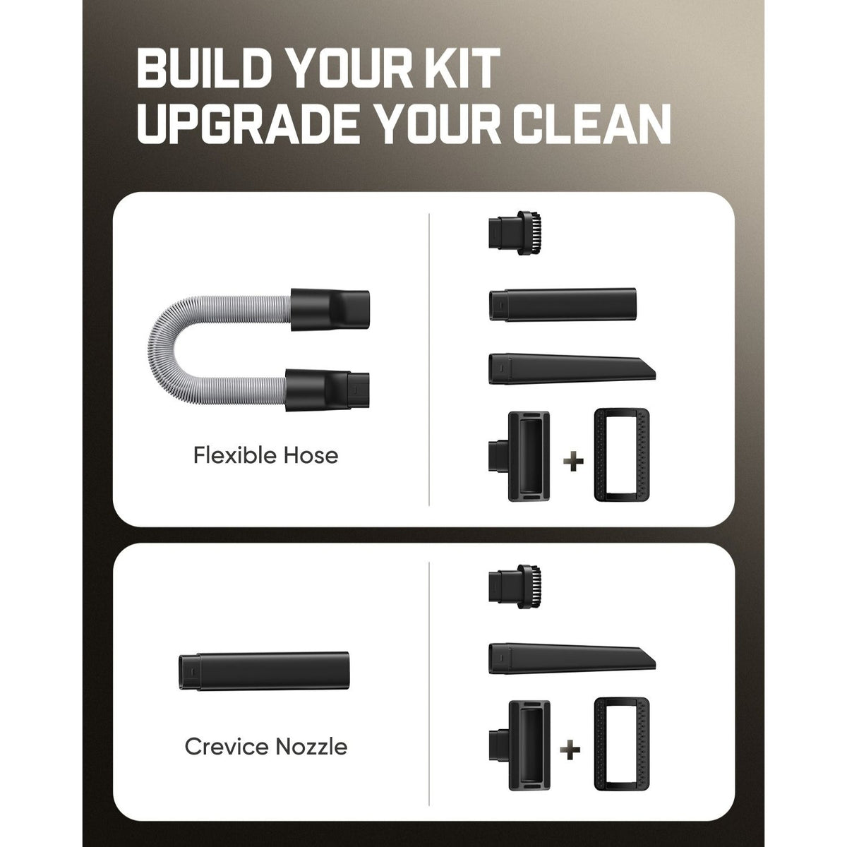 Product kit components with text 'Build Your Kit, Upgrade Your Clean' on a white background.