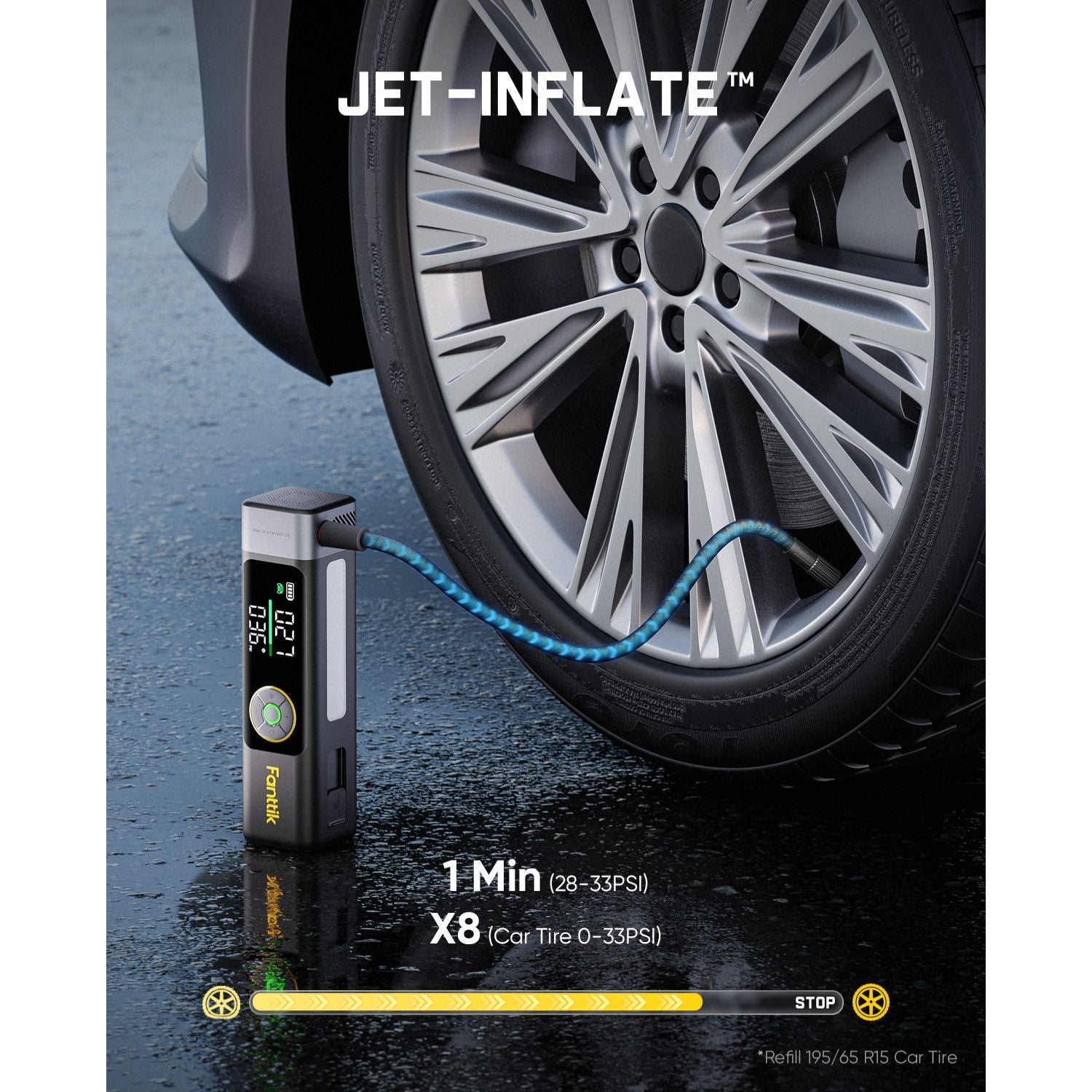 A portable  Beyond 10 Apex 1800 Amp Jump Starter branded JET-INFLATE is shown connected to a car wheel on wet pavement. The device has a digital display and a blue inflation hose.