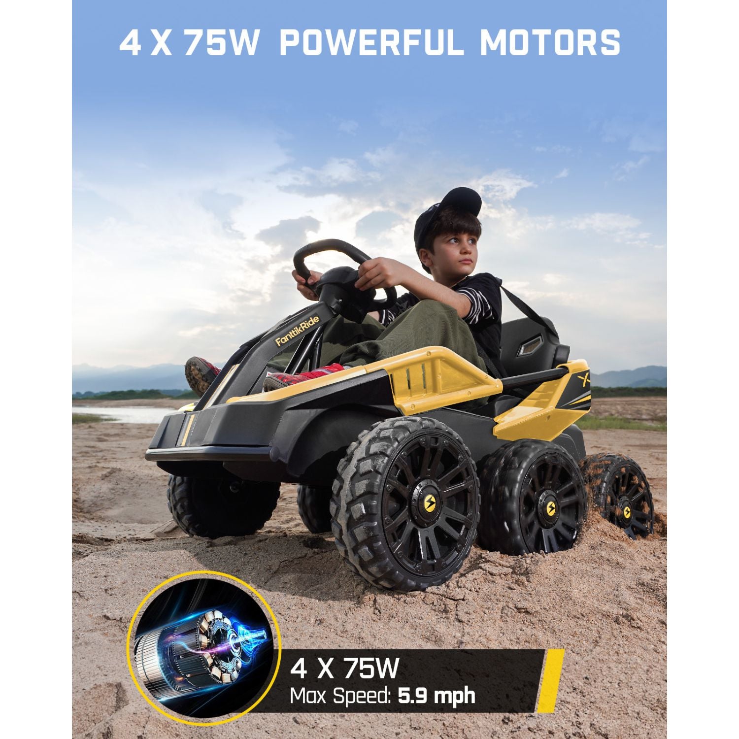 FanttikRide 24V Ride on Toys for Big Kids, 6 Eva Wheels UTV, 4x75W 5.9MPH Powerful Electric Car, 4WD/2WD Switch, Parent Remote, 4 Shock Absorbers, Ideal Gift for Kids Ages 3+