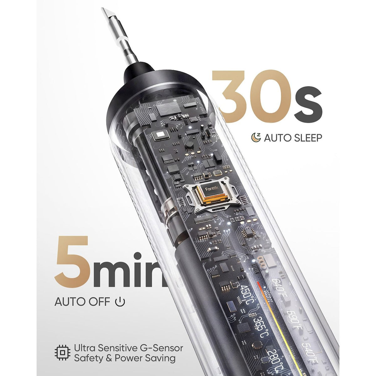IShowcasing the intricate components inside the T2 soldering iron, and it enters a low-temperature sleep mode after 30 seconds of inactivity and automatically shuts down after 5 minutes—avoiding accidental wake-ups or false triggers.