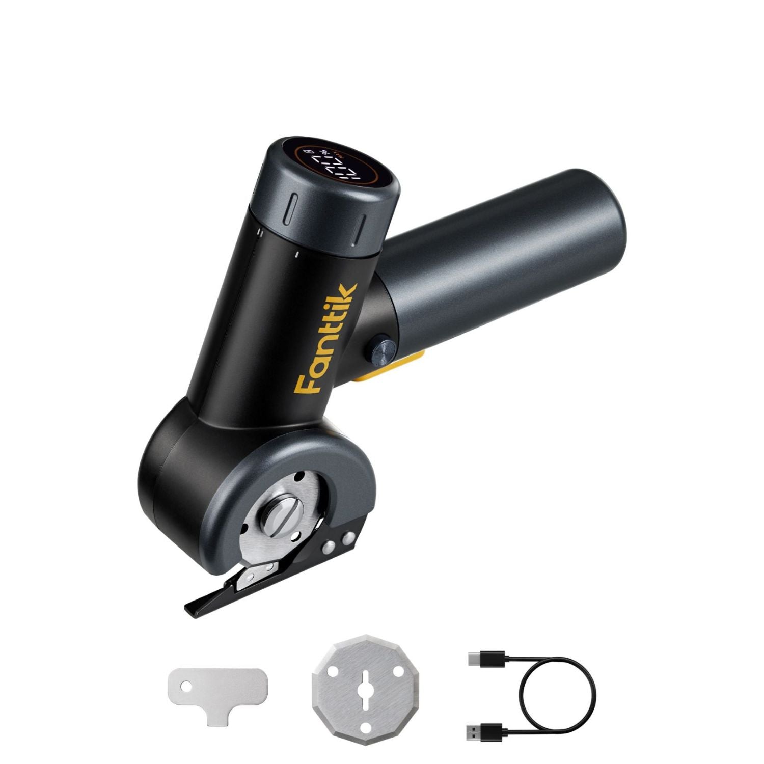 A black C8 Nano Cordless Electric Scissors with a yellow 'Fanttik' logo, shown on a white background with three accessories below: a metal key bit, a metal mounting plate, and a black USB-C cable.
