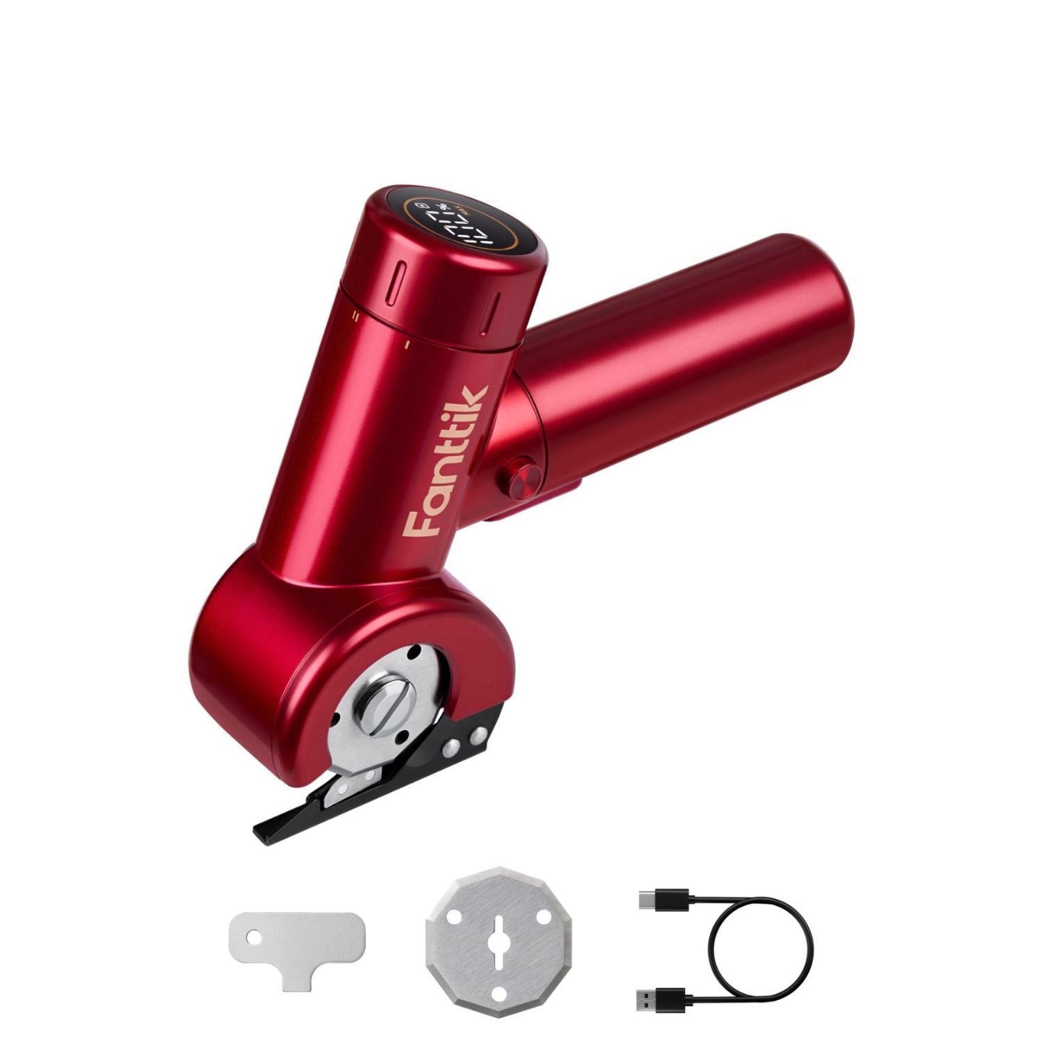 A red C8 Nano Cordless Electric Scissors, shown on a white background with three accessories below: a metal file, a metal mounting plate, and a black USB charging cable. 