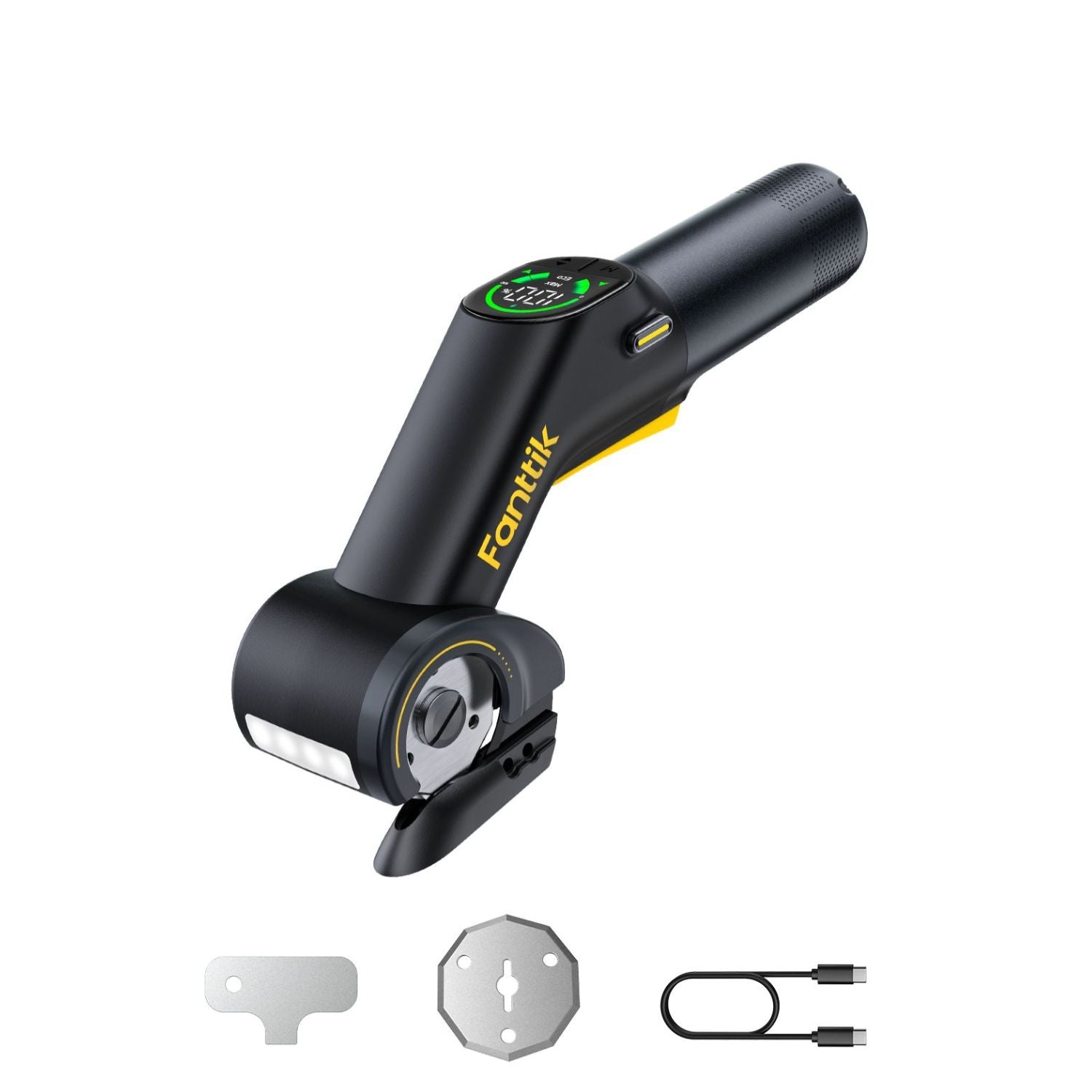 A black C10 Pro Cordless Electric Scissors with yellow 'Fanttik' branding, shown on a white background with two metal mounting pieces and a black USB cable below it. The device has a digital display on top and a silver light bar at the front.