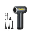 A handheld electric air blower in matte black with a silver trim and yellow 'Fanttik BIG PRO' branding, shown alongside a USB-C charging cable and four black nozzle attachments on a plain white background.