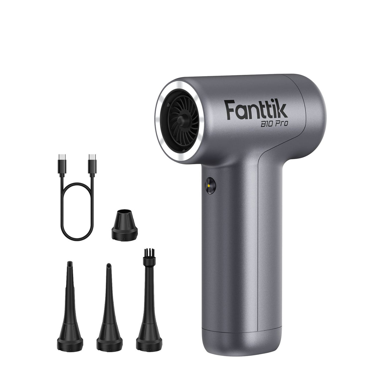 A gray handheld air blower labeled 'Fanttik B10 Pro' shown on a white background, with a USB charging cable and four black nozzle attachments displayed beside it.