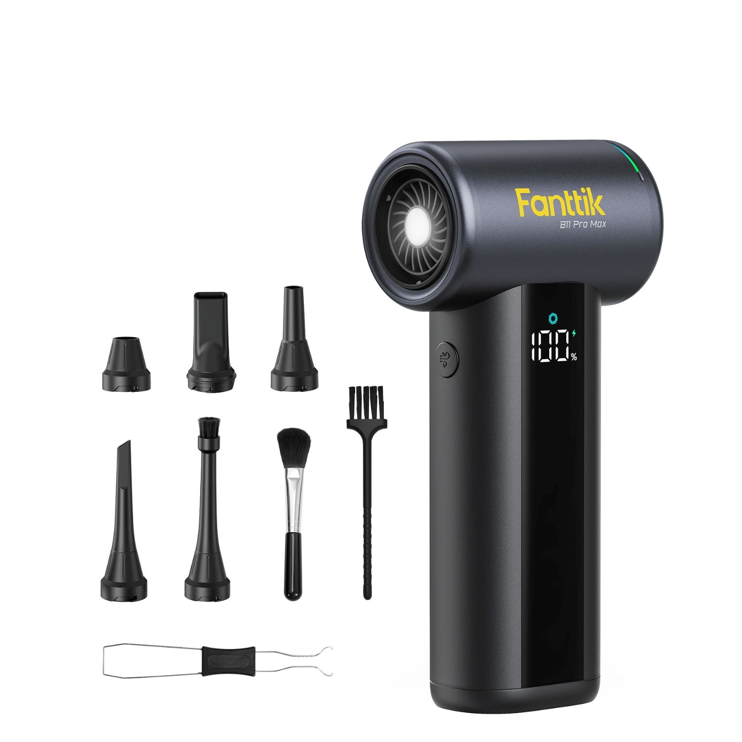 A black handheld Electric Air Duster with a digital display screen and yellow 'Fanttik by Fanttik' branding, shown alongside eight black attachment nozzles, a brush, and a small tool on a plain white background.