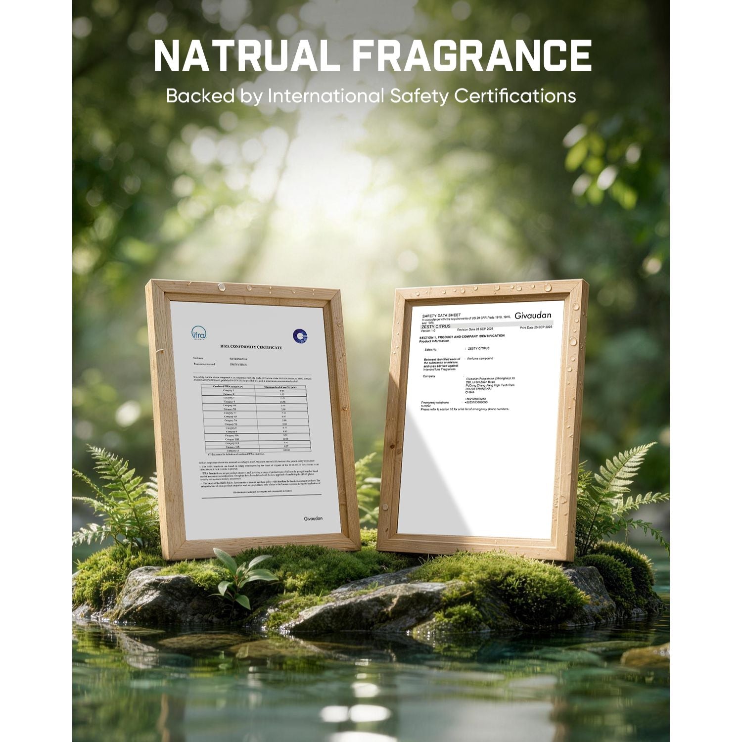Two framed certification documents displayed on mossy rocks in a pond, with large text at the top reading 'NATURAL FRAGRANCE' and smaller text 'Backed by International Safety Certifications.'.
