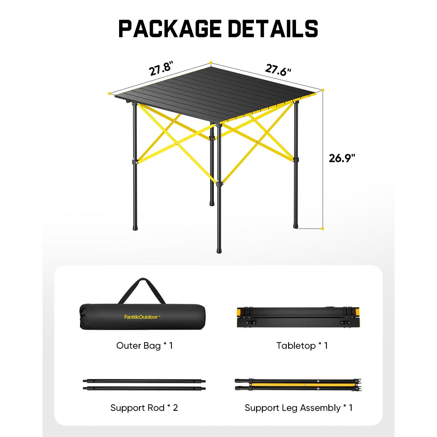 FanttikOutdoor Zeta V11 Pro Camping Table with dimensions and package contents on a white background