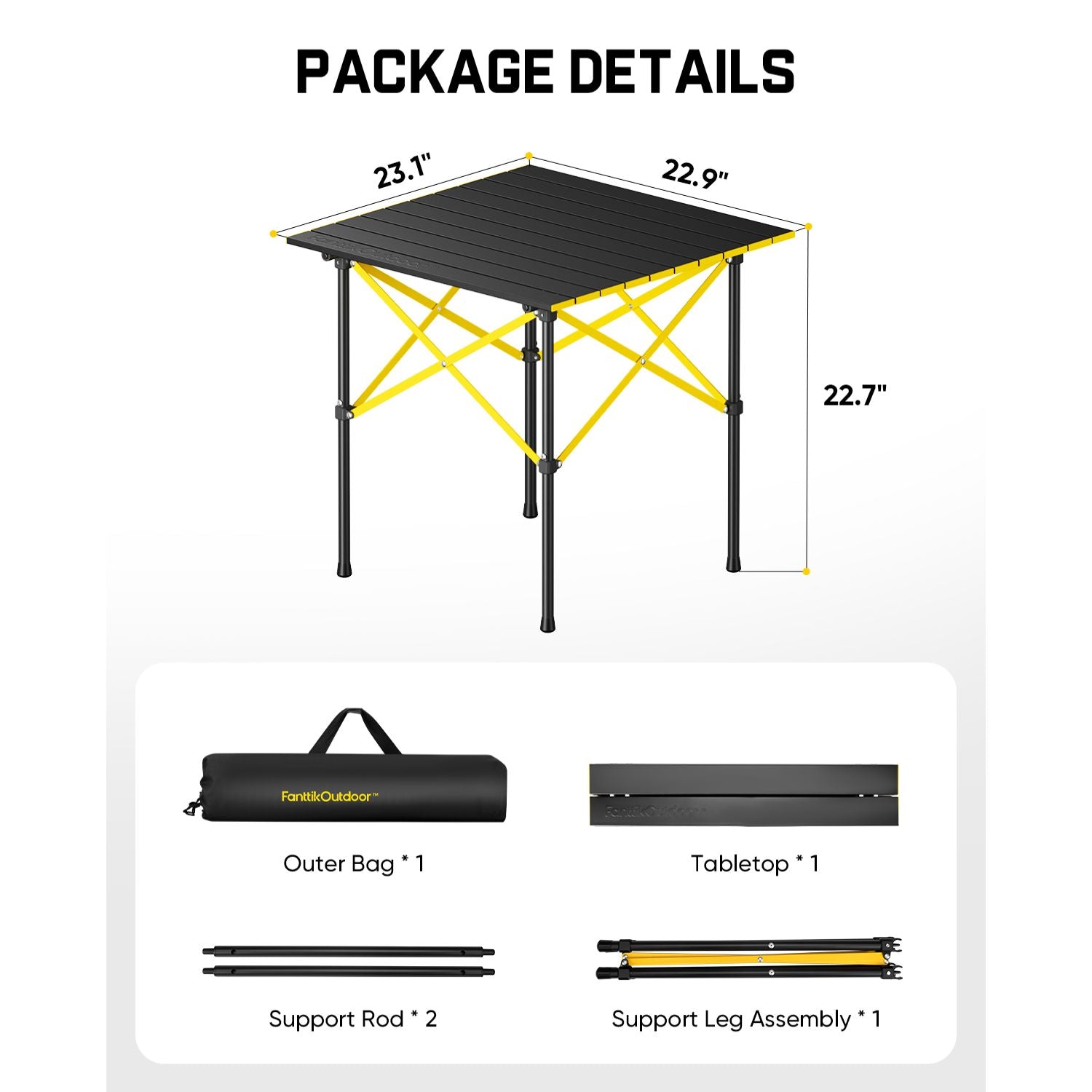 FanttikOutdoor Zeta V11 Pro Camping Table with dimensions and package contents on a white background
