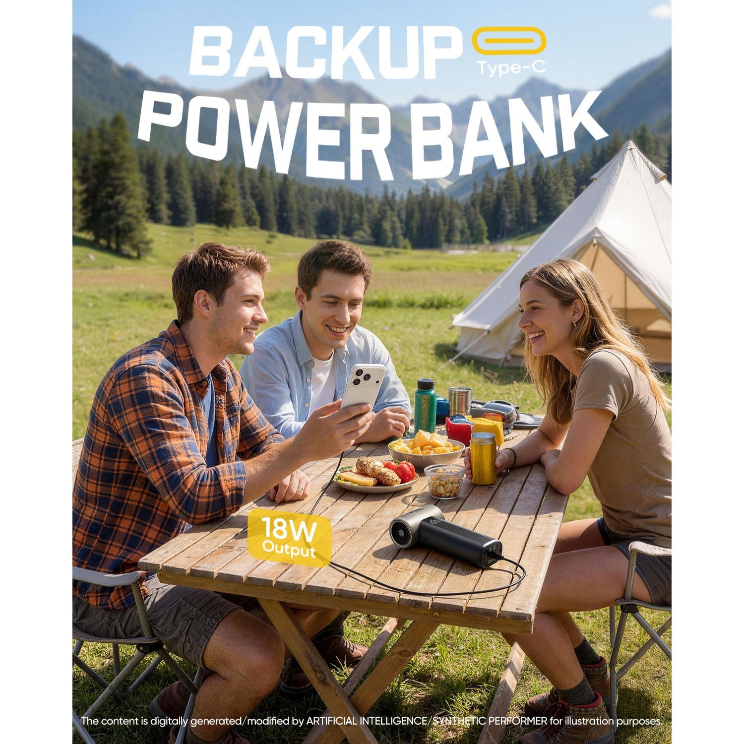 Three people sitting at a picnic table in a mountainous area with a power bank labeled 'Backup Power Bank' displayed.