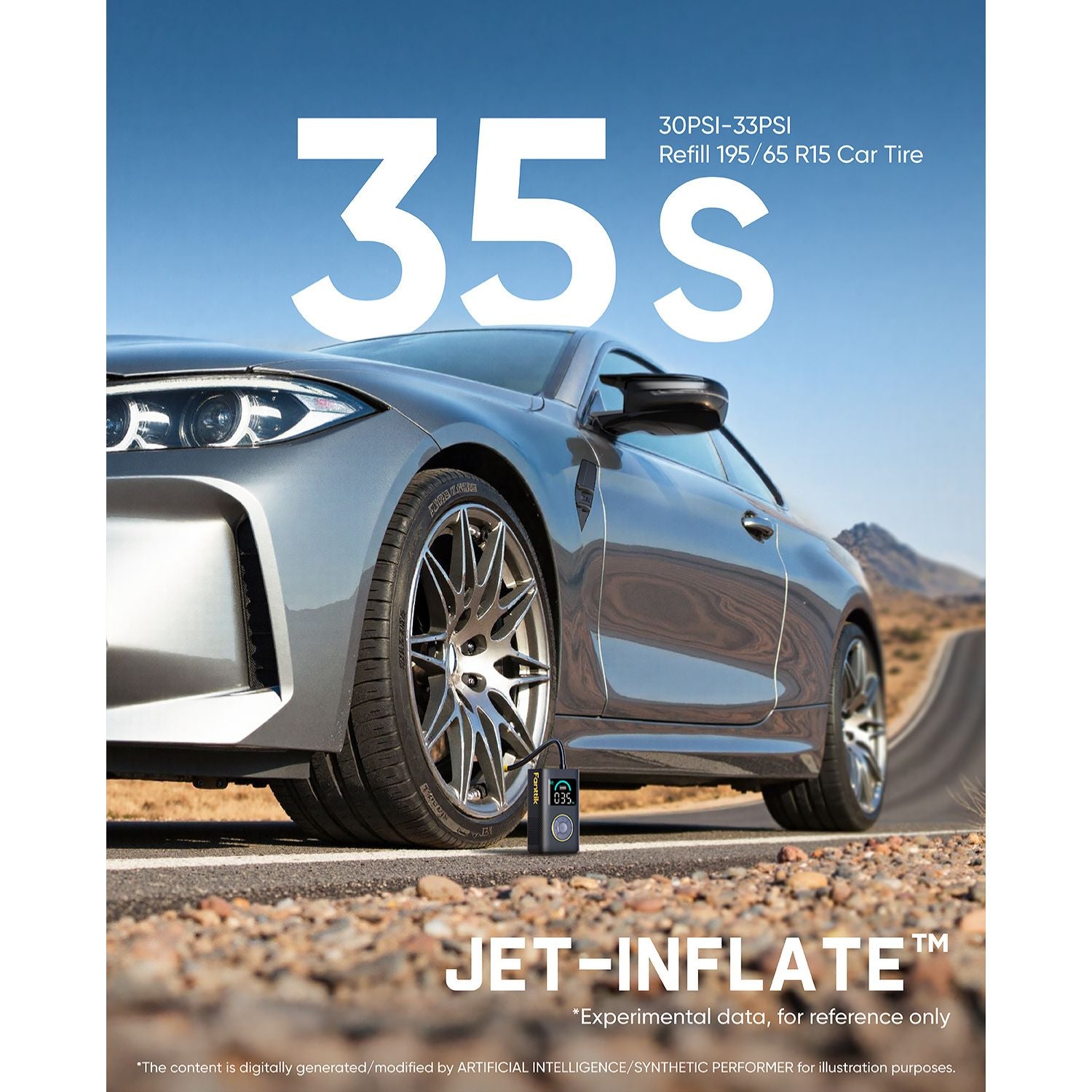 A promotional product image for 30PSI -33PSI Jet-Inflate refill for 95/65 R15 car tires. The graphic features a silver sports coupe driving on a desert road under a blue sky, with a small can of the tire inflator positioned on the road next to the front wheel.