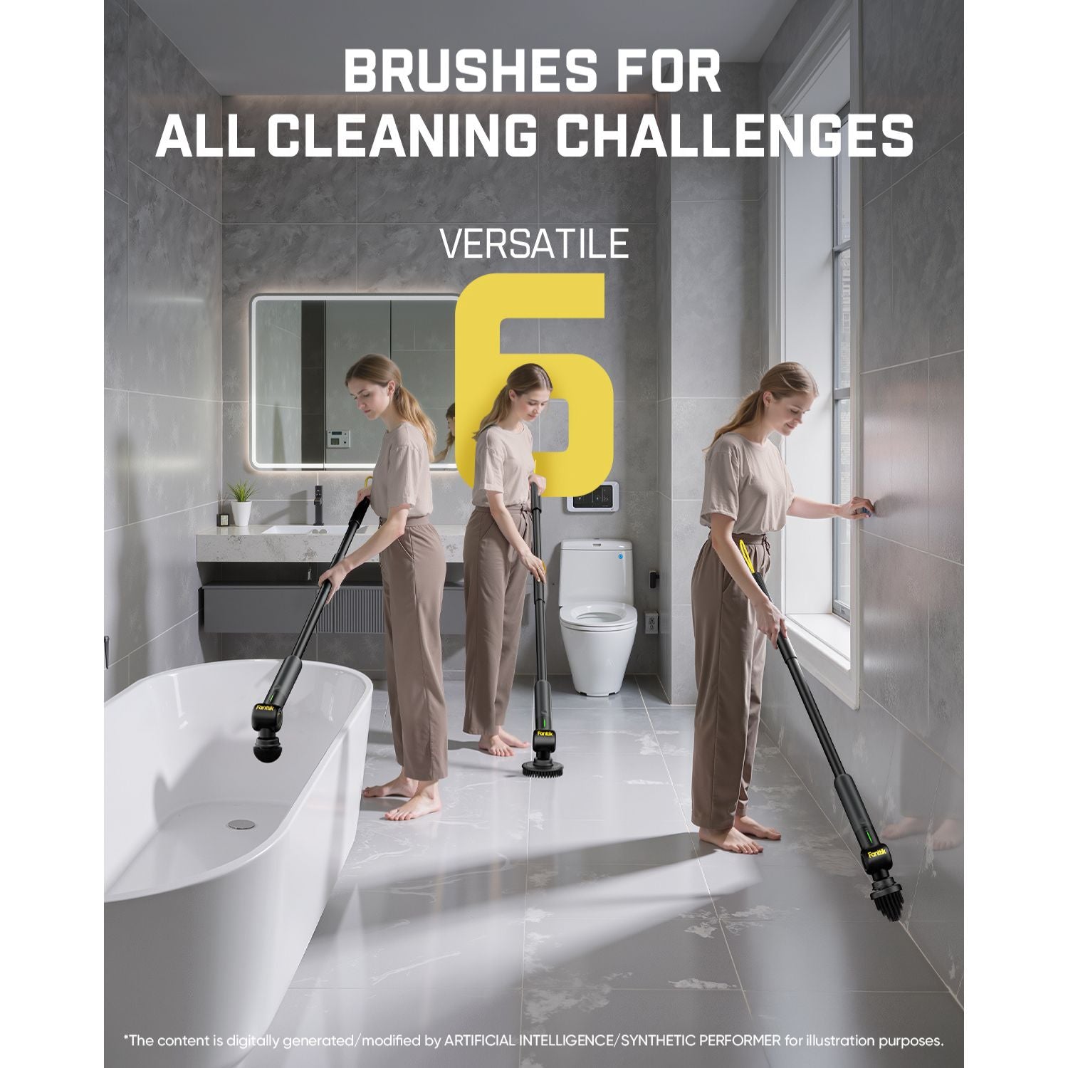 Person cleaning a bathroom with text 'Brushes for All Cleaning Challenges' and 'Versatile 6'.