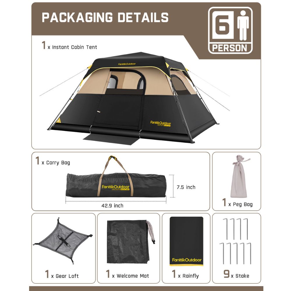 FanttikOutdoor Zeta C6 Pro Instant Cabin Tent 6 Person Camping Tent Setup in 60 Seconds with Rainfly & Windproof Tent with Carry Bag for Family Camping & Hiking, Upgraded Ventilation