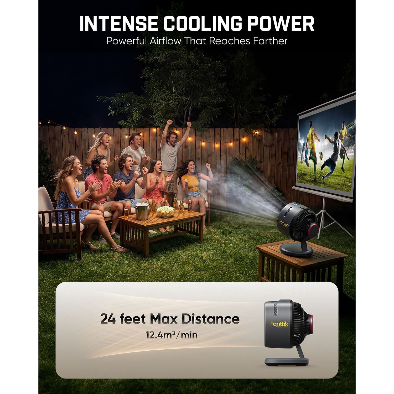 Outdoor setting with people watching a movie on a screen, featuring a device with 'Intense Cooling Power' text.