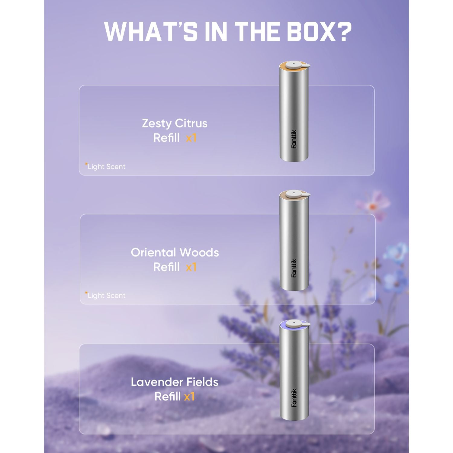 A product information graphic titled 'WHAT'S IN THE BOX?' on a lavender background, showing three refill cartridges: Zesty Citrus, Oriental Woods, and Lavender Fields, each with a small silver cylindrical device labeled 'Pefink'.