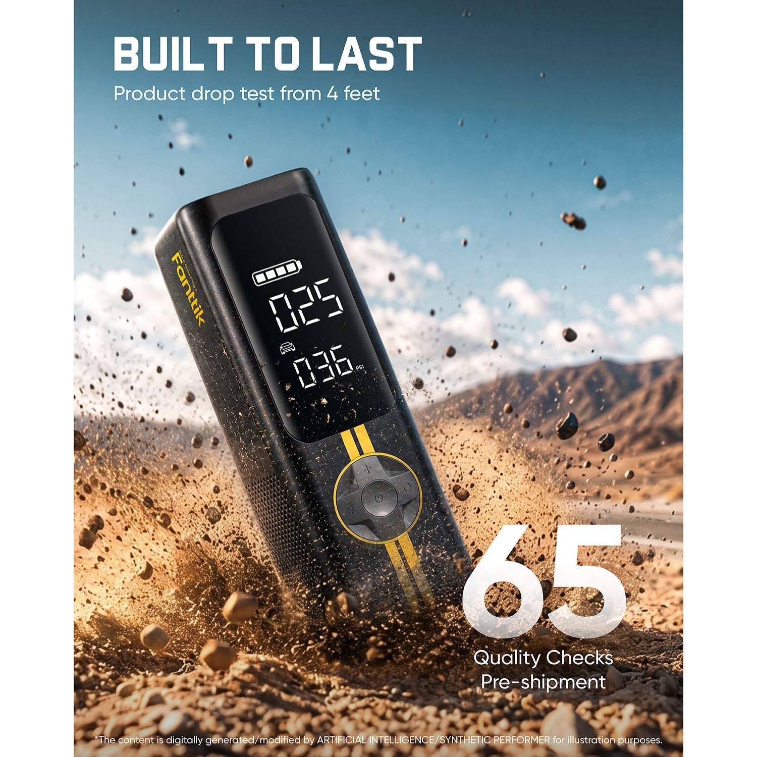 A fanttik X8 Apex tire inflator with a digital display and yellow accents is shown falling through sandy terrain with rocks, under the headline 'BUILT TO LAST' and with '65 Quality Checks Pre-shipment' text. The product appears to be demonstrating durability in an outdoor desert-like setting.