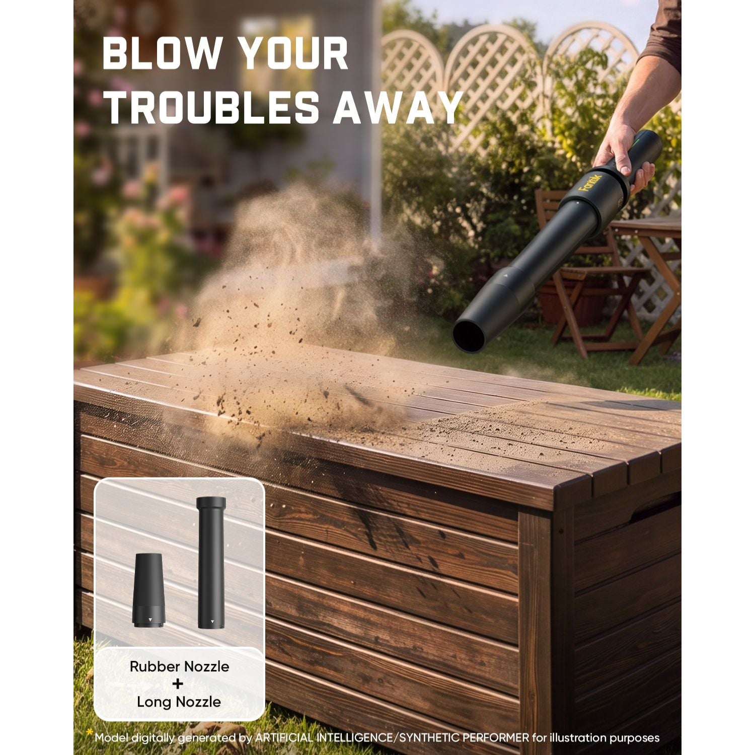A black leaf blower nozzle being used outdoors to blow dust and debris away from a wooden storage bench in a garden setting. The image includes promotional text reading 'BLOW YOUR TROUBLES AWAY' and a small inset showing rubber and long nozzles.