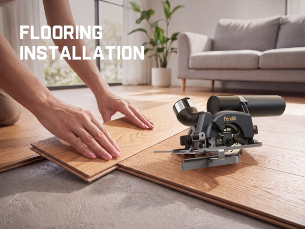 A person's hands are shown installing wood flooring planks in a living room, with a Fanttik circular saw and a dust collector on the floor. The text 'FLOORING INSTALLATION' is displayed in the upper left corner.