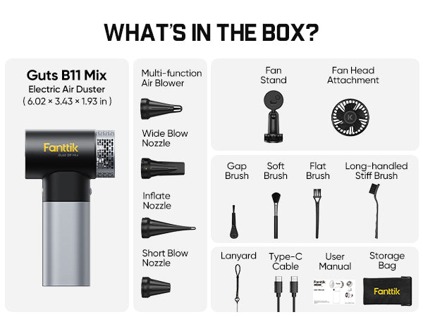 Fanttik Gust B11 Mix 2-in-1 Electric Air Duster & Fan, Dust Blower, 110000RPM Brushless Motor, Compressed Air Duster, 100 Stepless Gears, One-tap Booster, Electric Duster for PC, Electronics, Outdoor