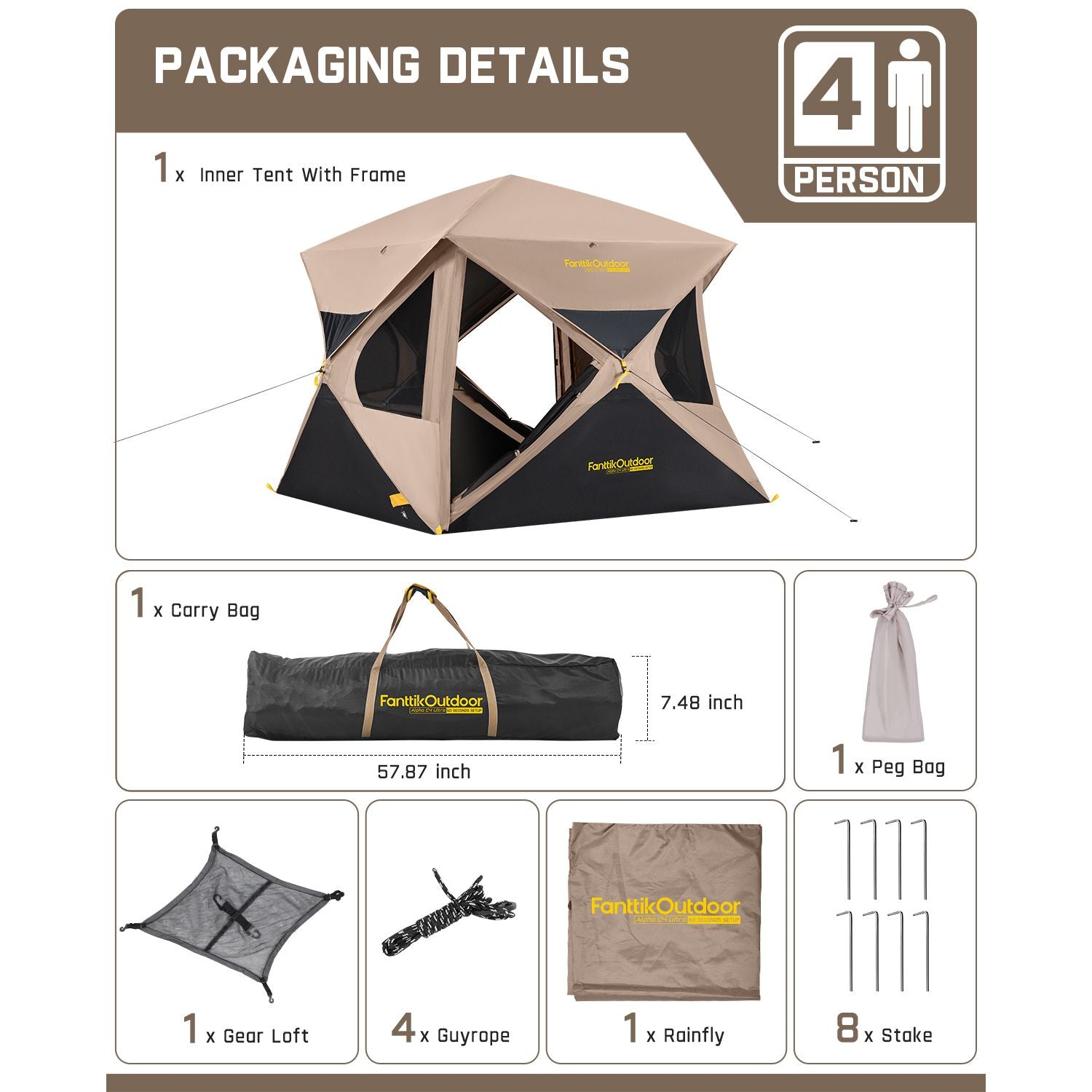 FanttikOutdoor Alpha C4 Ultra Instant Cabin Tent packaging details showing components for a 4-person tent: inner tent with frame, carry bag, peg bag, gear loft, guy ropes, rainfly, and stakes.