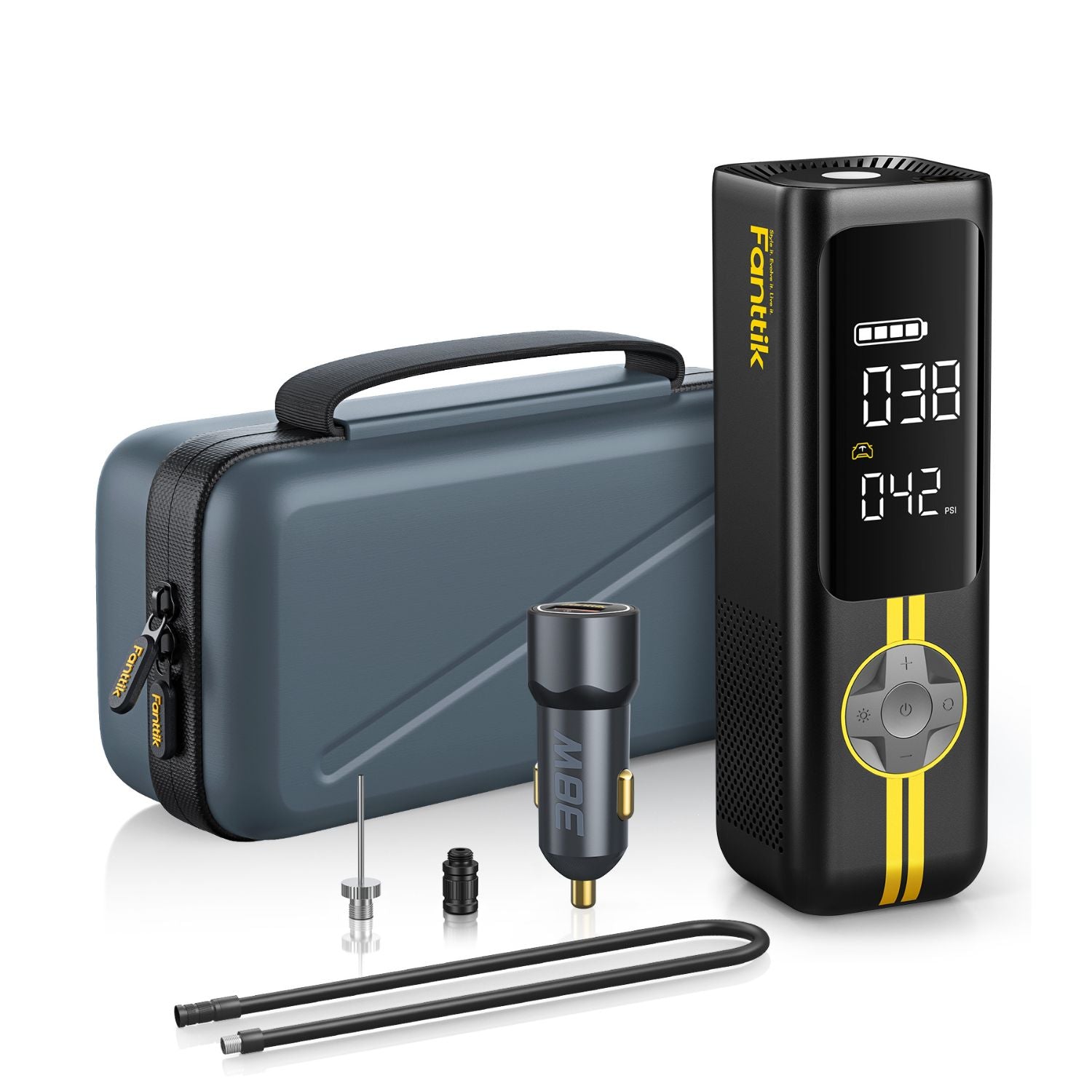 A Fanttik X8 APEX EV portable air pump kit shown on a clean white background, including a black digital air pump with yellow accents, a gray carrying case, a car charger adapter, and two black tubes.