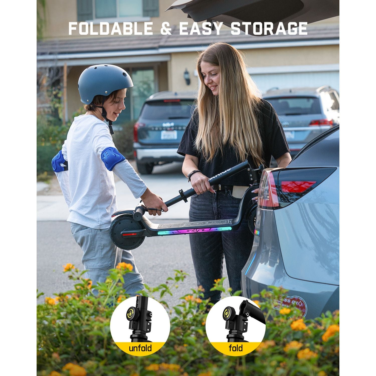 Fanttikride C10 Apex Electric Scooter for Kids,Bluetooth Music Speaker, LED Display, 5/8/10 MPH, 6.5 Miles Range, Height Adjustable, Type C Charging, Foldable Electric Scooter, 3.9-5.2 ft