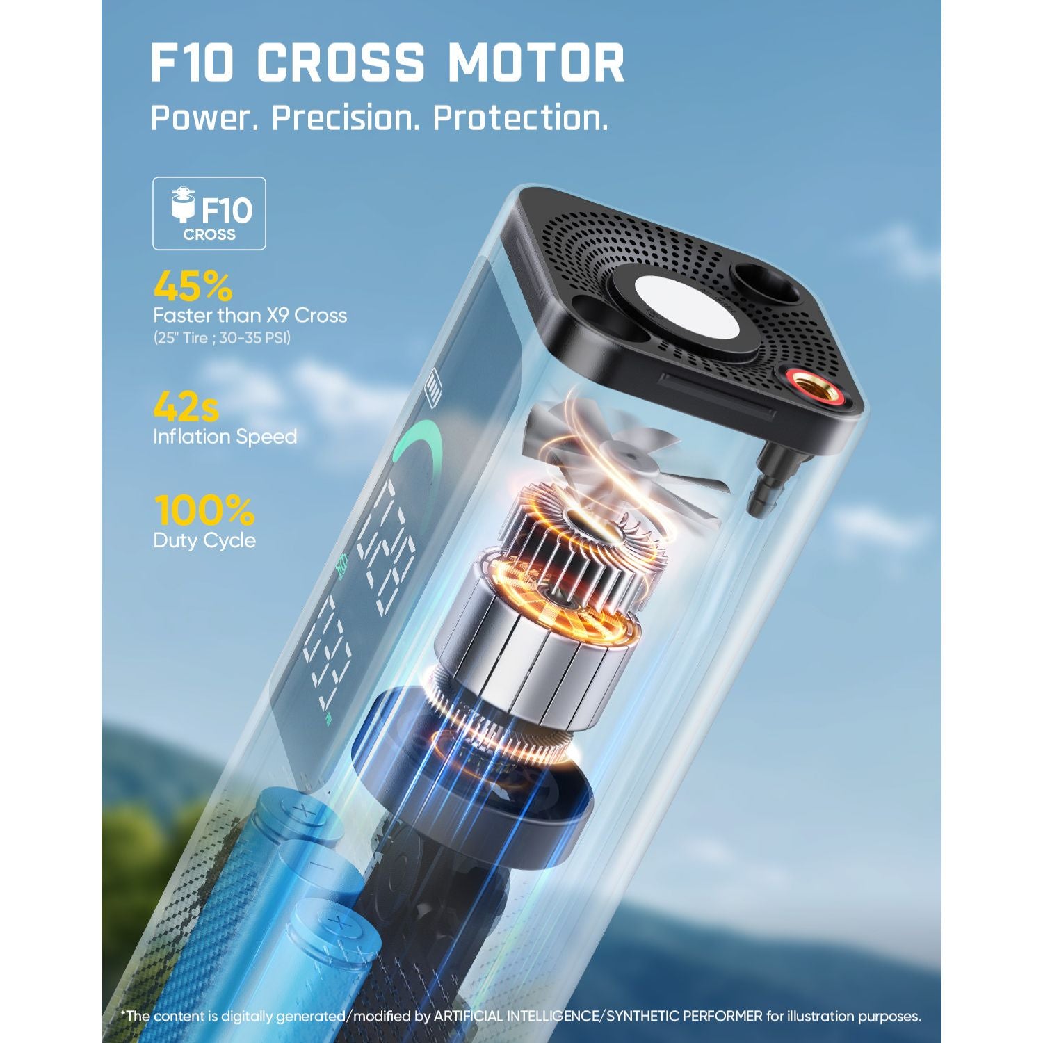 A transparent cylindrical electric air pump with a black top cap and internal fan assembly, shown on a blue sky background with marketing text highlighting F10 cross motor features.