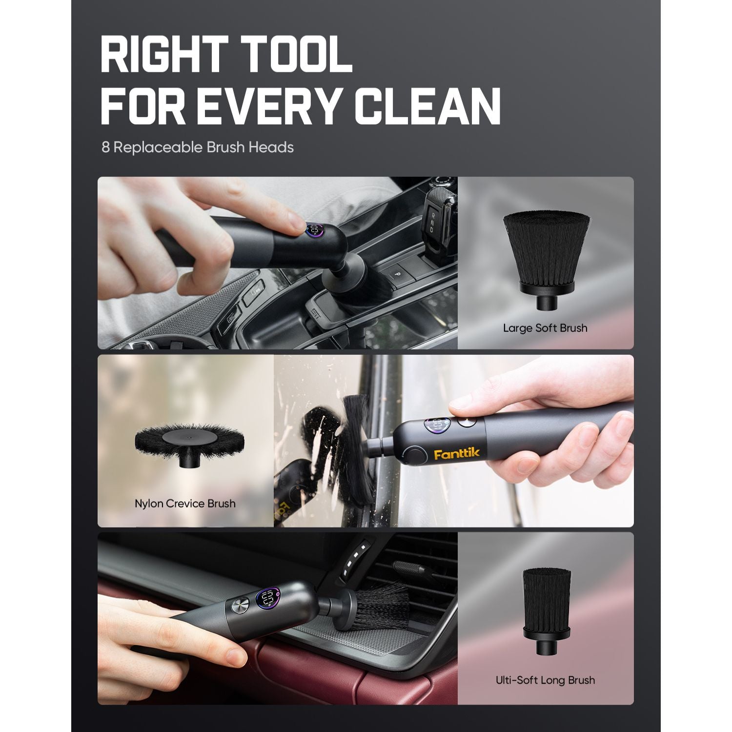 Fanttik Flip G10 Nano AutoCare Cordless Electric Scrubber, Dual-Speed with 8 Brush Heads, Adjustable Angle & Smart Display, IPX7 Waterproof for Deep Car Cleaning