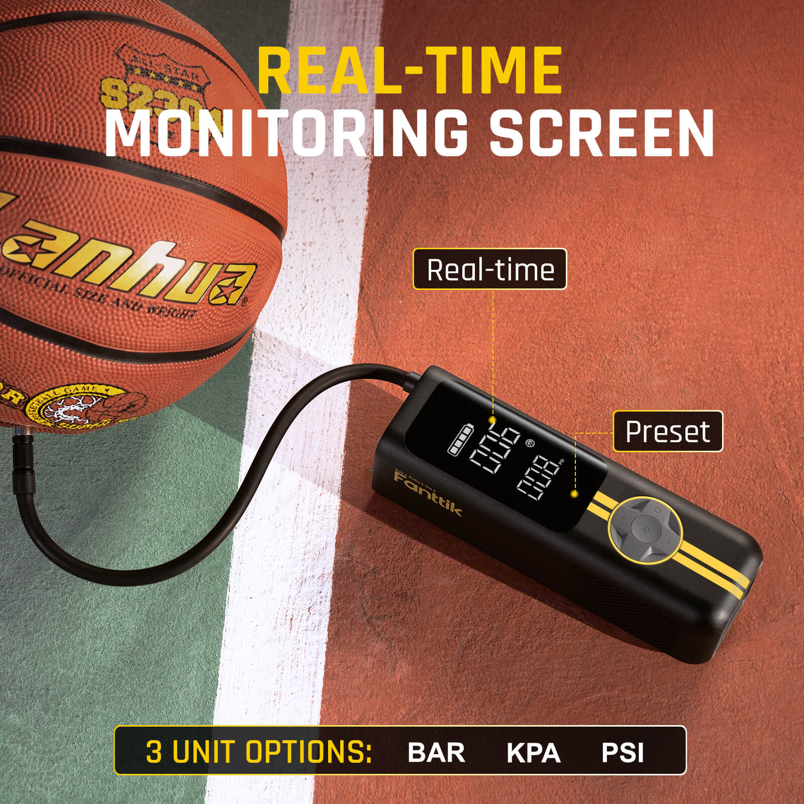 The large LCD dual display shows both real-time pressure value and preset value, convenient to read and observe the tire pressure status