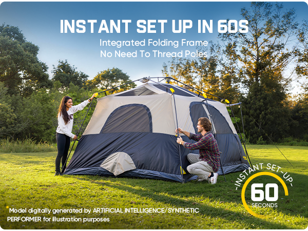 Two people setting up a tent with text about instant set-up in 60 seconds.