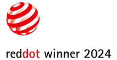 Reddot Winner 2024 award logo on a white background, featuring a red and white striped 3D sphere above the text 'reddot winner 2024' with 'reddot' in red and the rest in black.