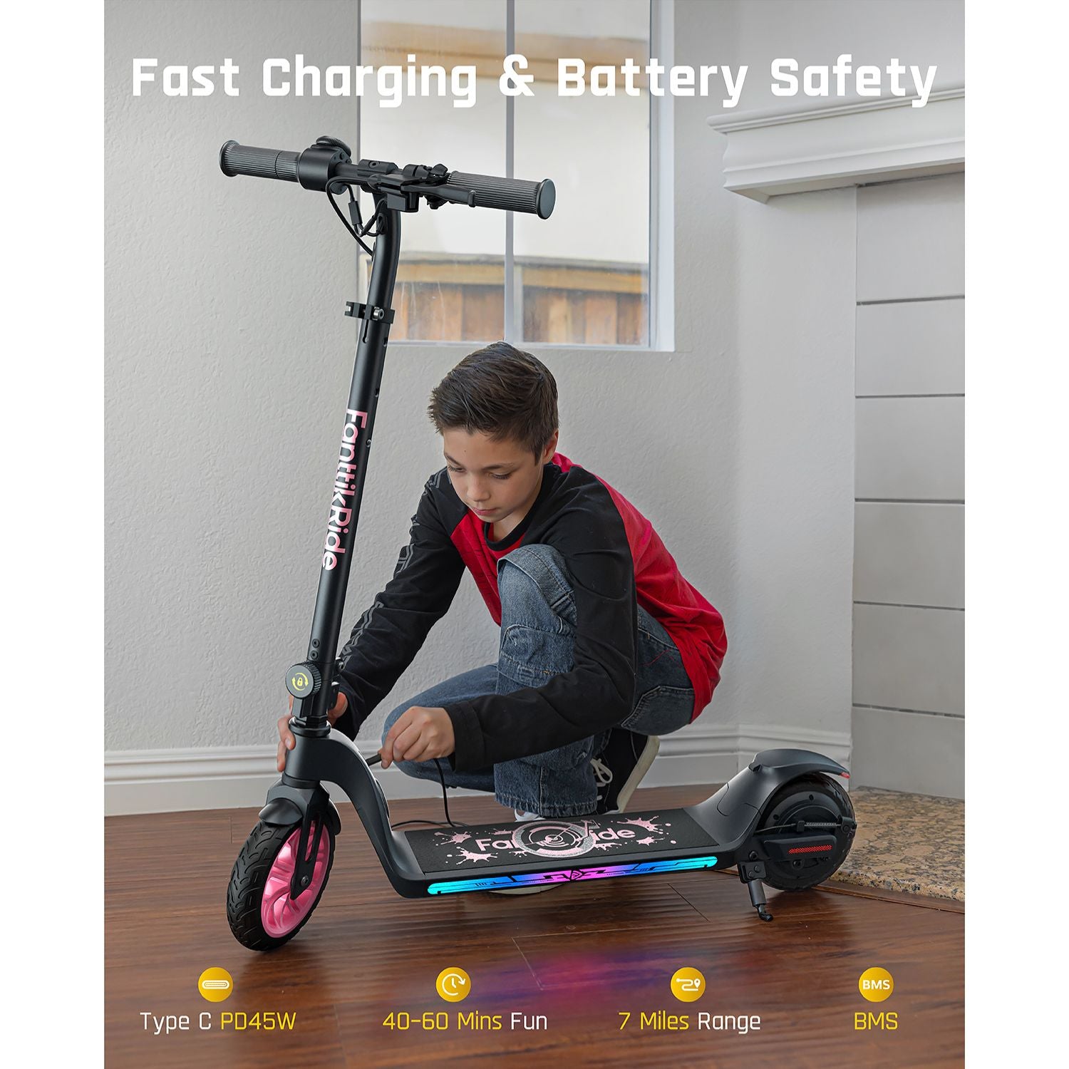 anttikRide T10 Apex Electric Scooter for Kids 4.3-5.6 ft 200W Motor, LED Colorful Lights with Bluetooth Music Speaker, 7/10/12 MPH Digital Display,45W Fast Charging, Foldable E-Scooter