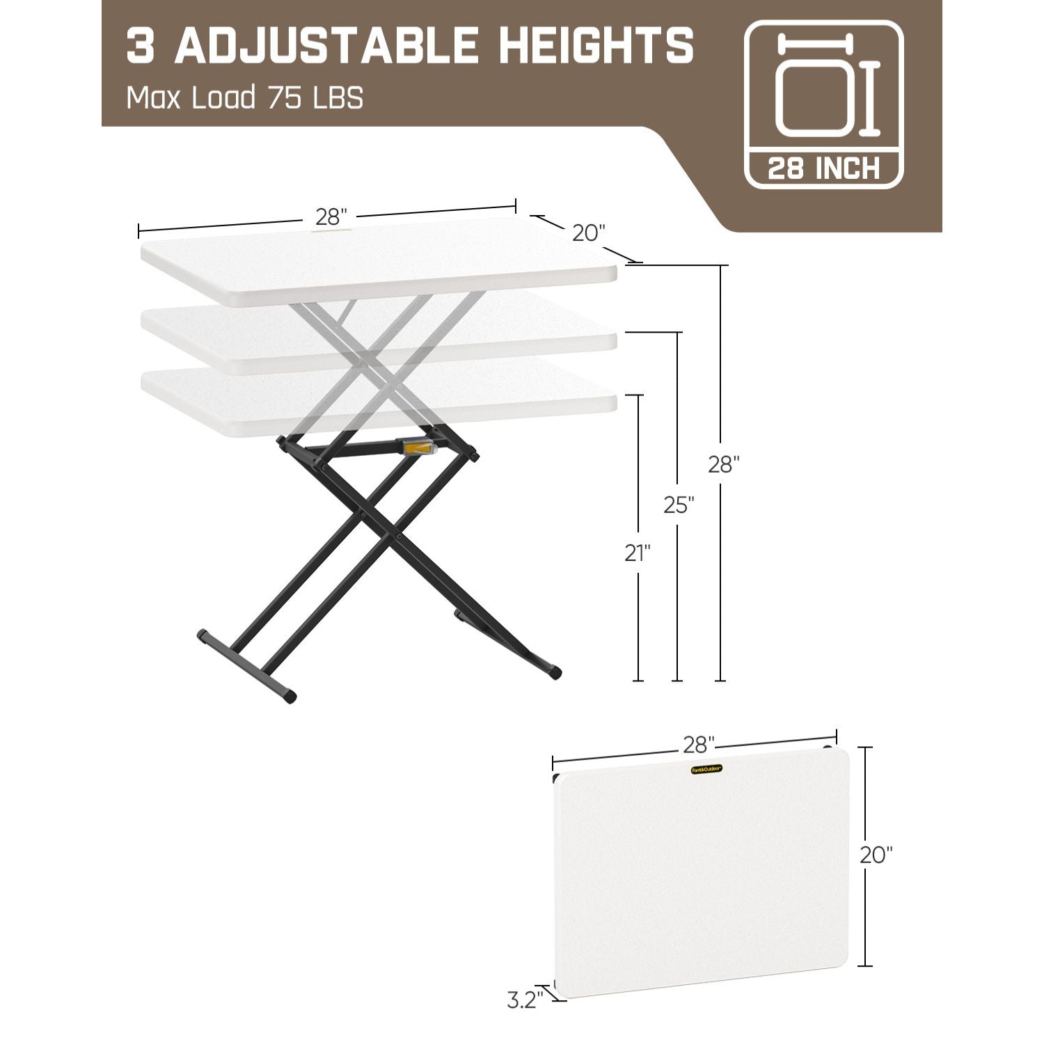 FanttikOutdoor Zeta X1 Pro, 28 inch Quick Pop Up Table, One-Handed Height Adjustment, 3 Heights, No Assembly, Multi-Functional Personal Activity Table, TV Tray, Portable Dinner Table, Granite White