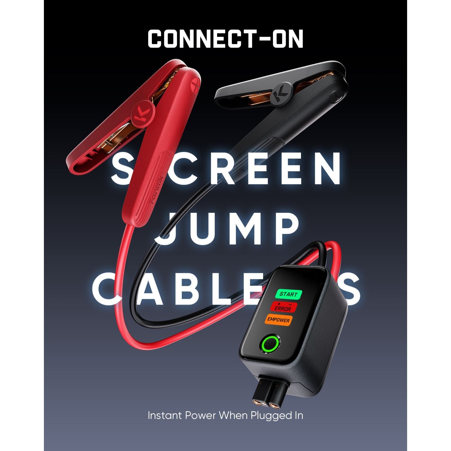 Connect-on screen jump cables shown against a dark gradient background with large white text. The set includes red and black clamp-style cables and a black handheld control unit with green and red buttons.